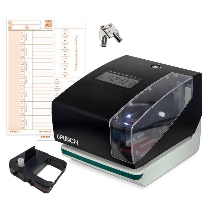 uPunch CR1000 Digital Time Clock and Date Stamp for Small Business: Complete Employee Time Tracking System with 50 Time Cards, Ribbon & Keys - Image 1